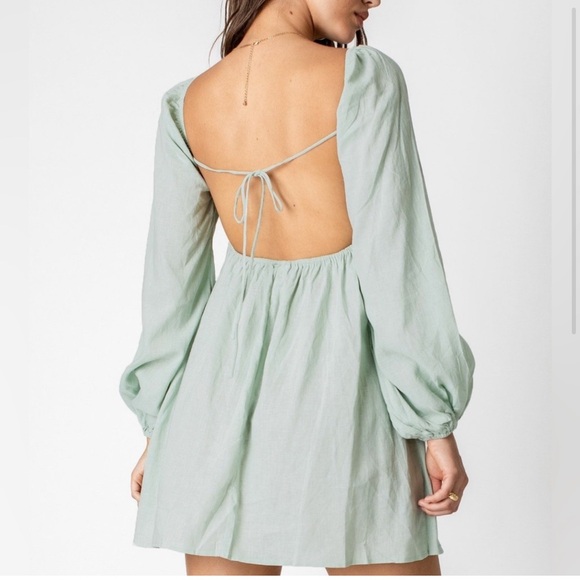 Princess Polly | Linen Rayon Blend Backless Olivia Mini Dress in Sage Size 2 - Picture 2 of 12